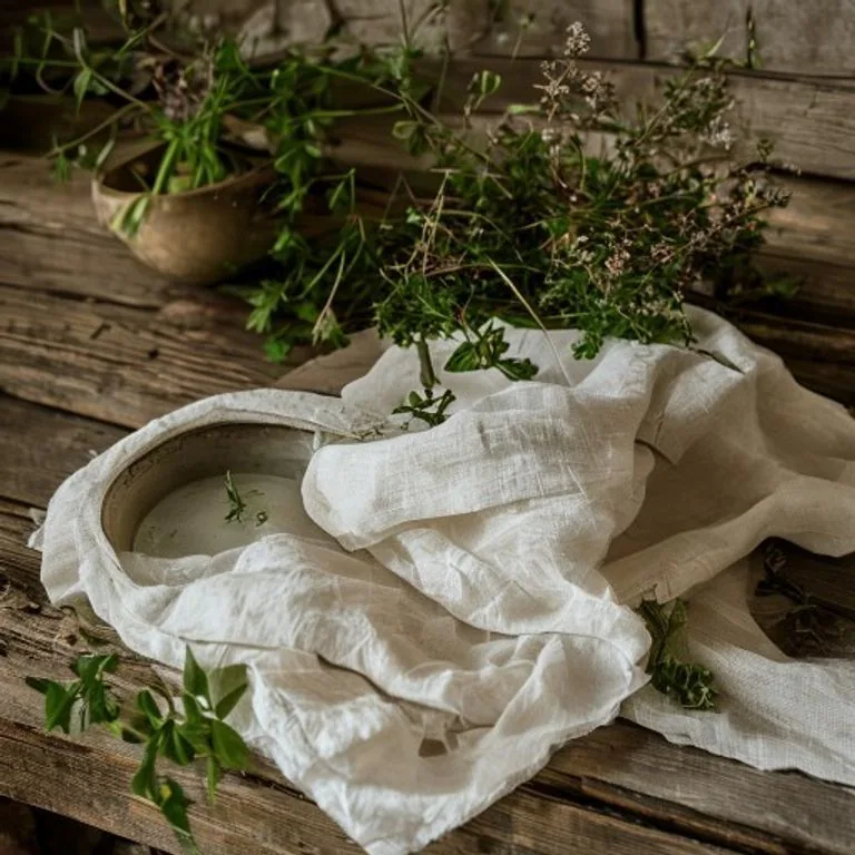 Gefaltete Leinentücher, eine Schale Wasser und frische Kräuter